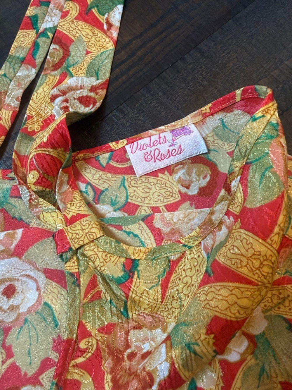 Vintage Violets & Roses Floral Slip Dress Satin Red Gold‎ Small - Picture 9 of 9